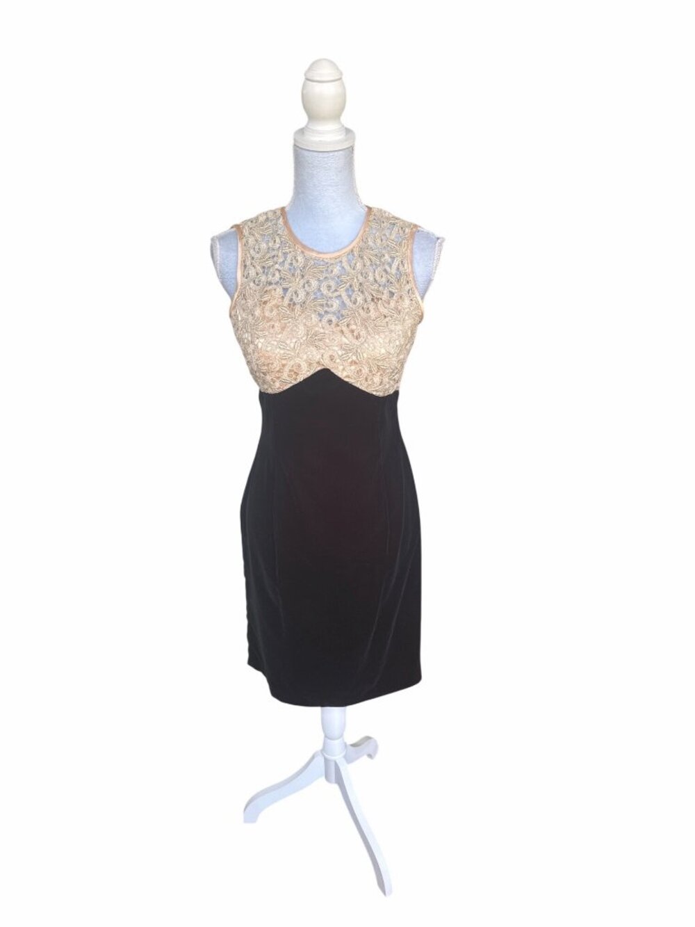 Vintage 1980s Jessica McClintock Velvet & Lace Sleeveless Mini Dress Black Gold